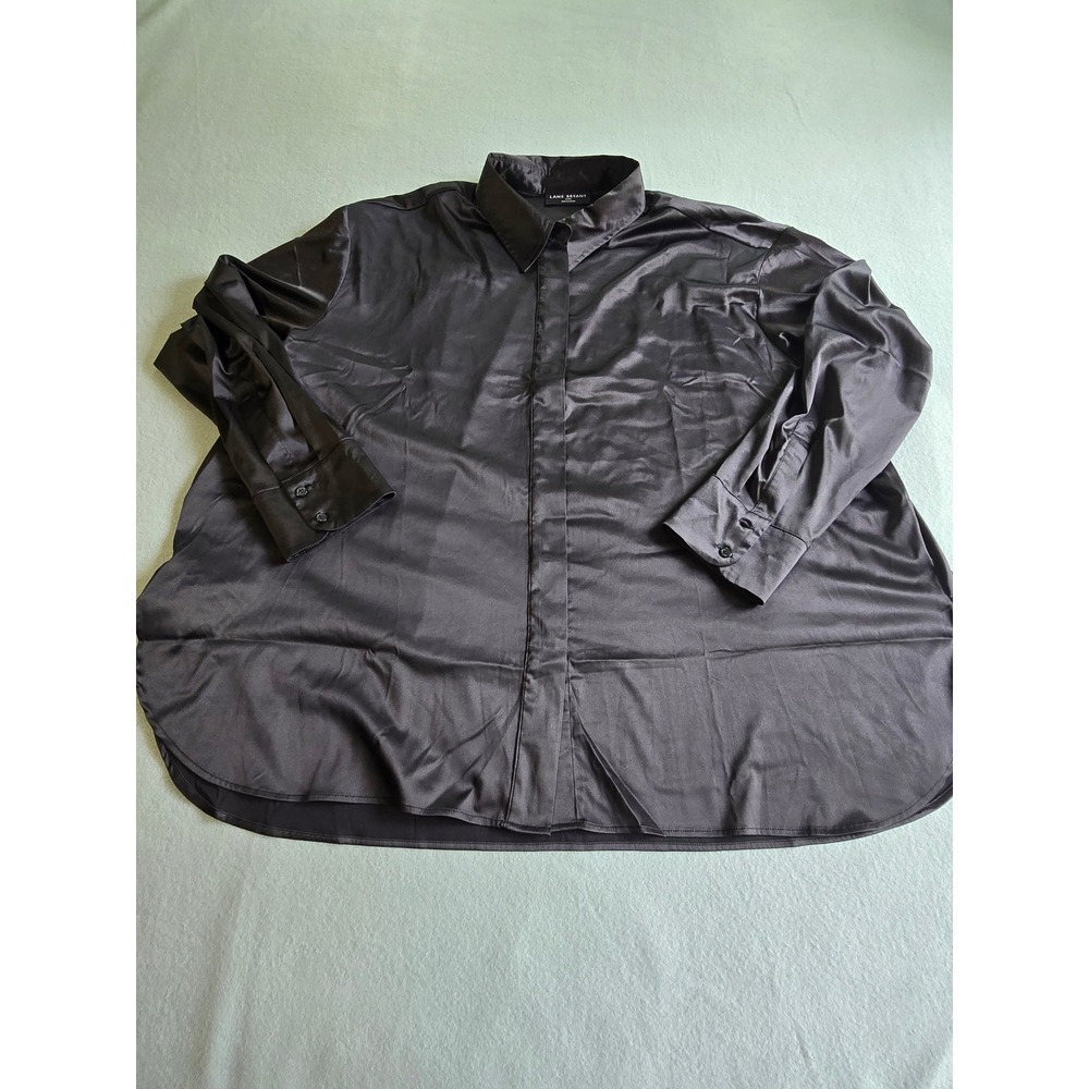 Lane Bryant Button Down Shirt Women 22/24 Black Satin Stretch High-Low A83814